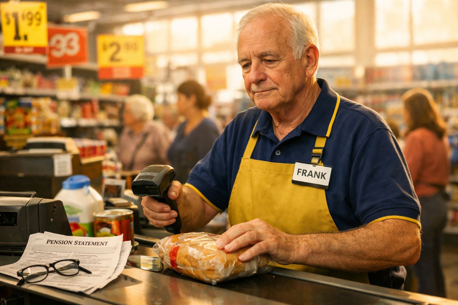 Funcionário idoso com avental amarelo a passar pão embalado no leitor de código num supermercado.