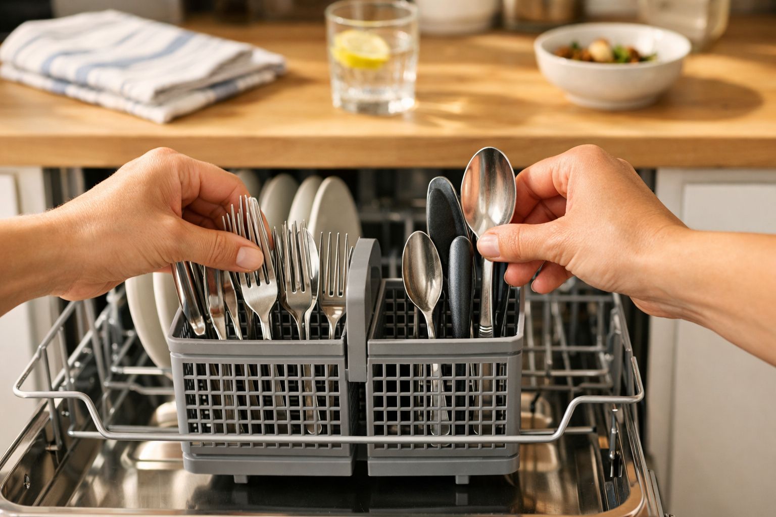 Mãos a colocar talheres limpos no compartimento de utensílios de uma máquina de lavar loiça.