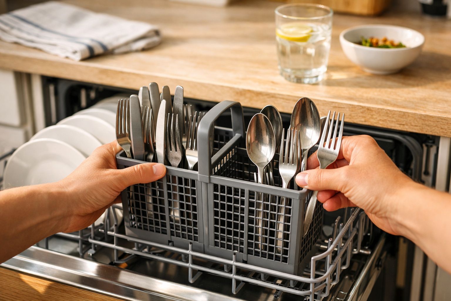 Mãos a retirar cesto de talheres da máquina de lavar loiça numa cozinha moderna com pratos brancos.