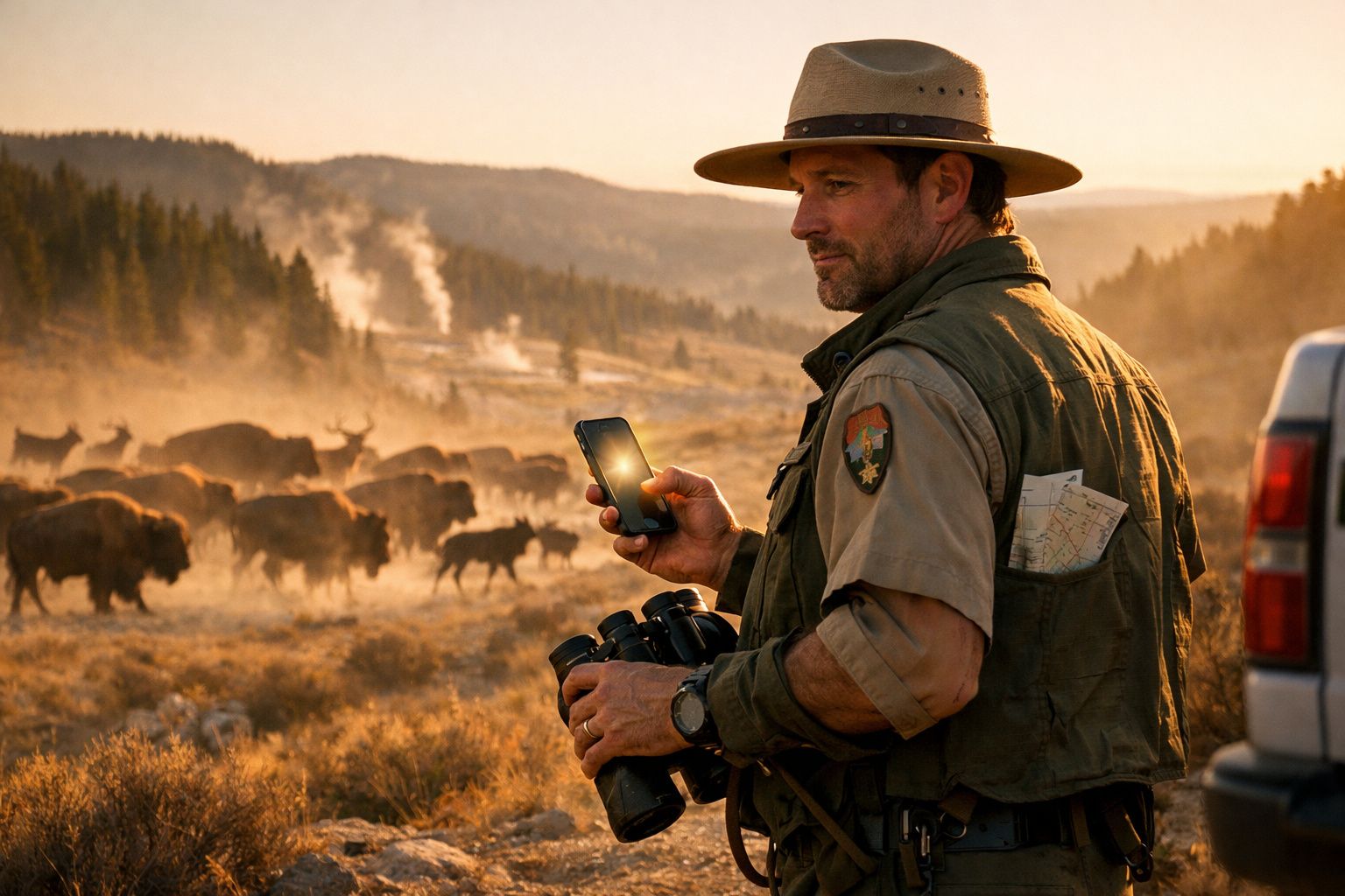 Guarda florestal com chapéu observa manada de bisontes ao pôr do sol, segurando binóculos e telemóvel.