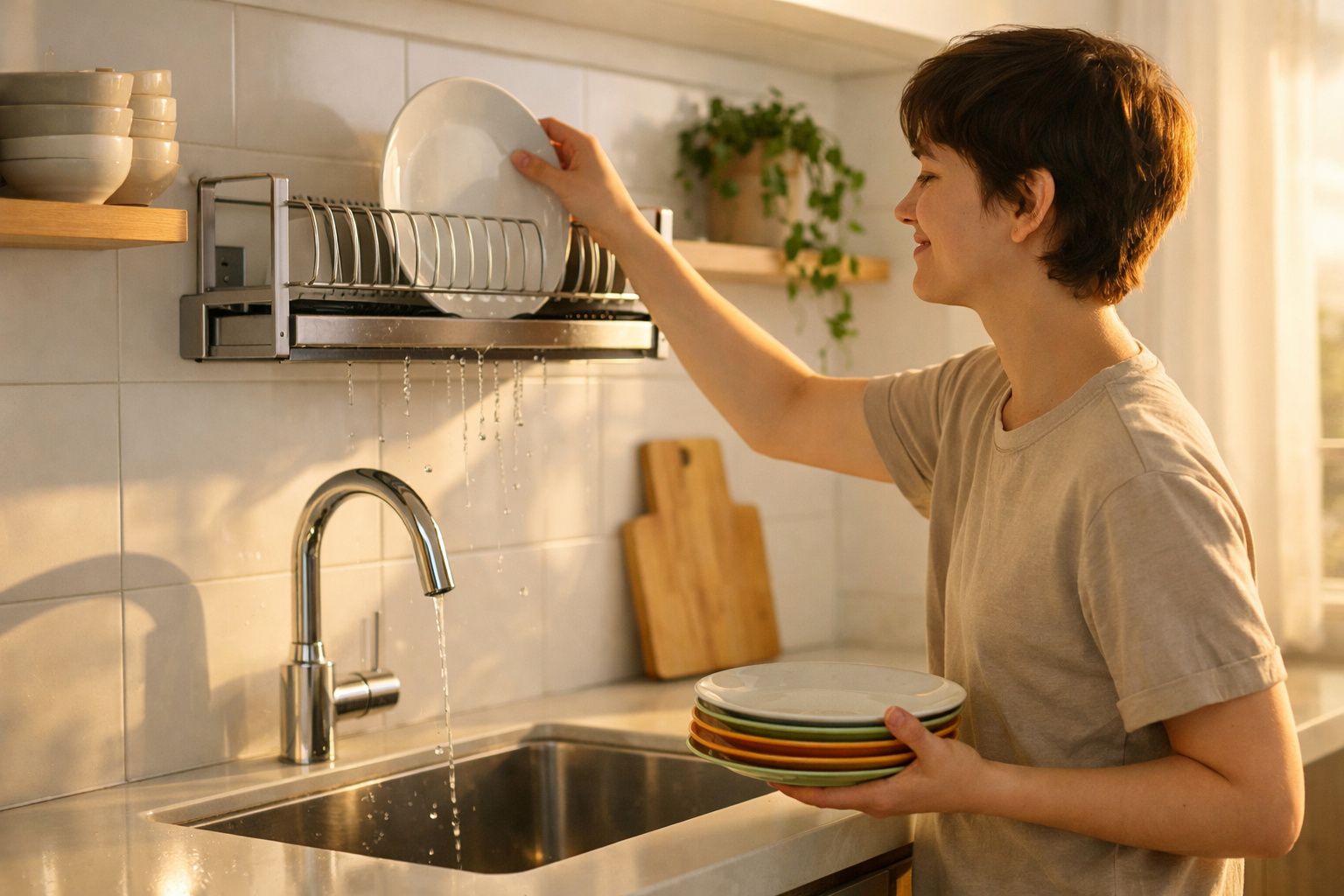 Pessoa a guardar pratos limpos numa cozinha luminosa com torneira de aço inoxidável e plantas no fundo.