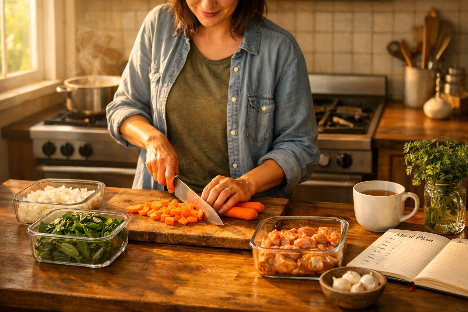 Pessoa a cortar cenouras numa tábua com ingredientes para cozinhar e plano de refeições numa mesa.