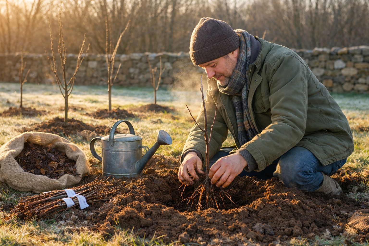 Homem com roupa de inverno a plantar uma muda numa horta com regador e saco de terra ao lado.