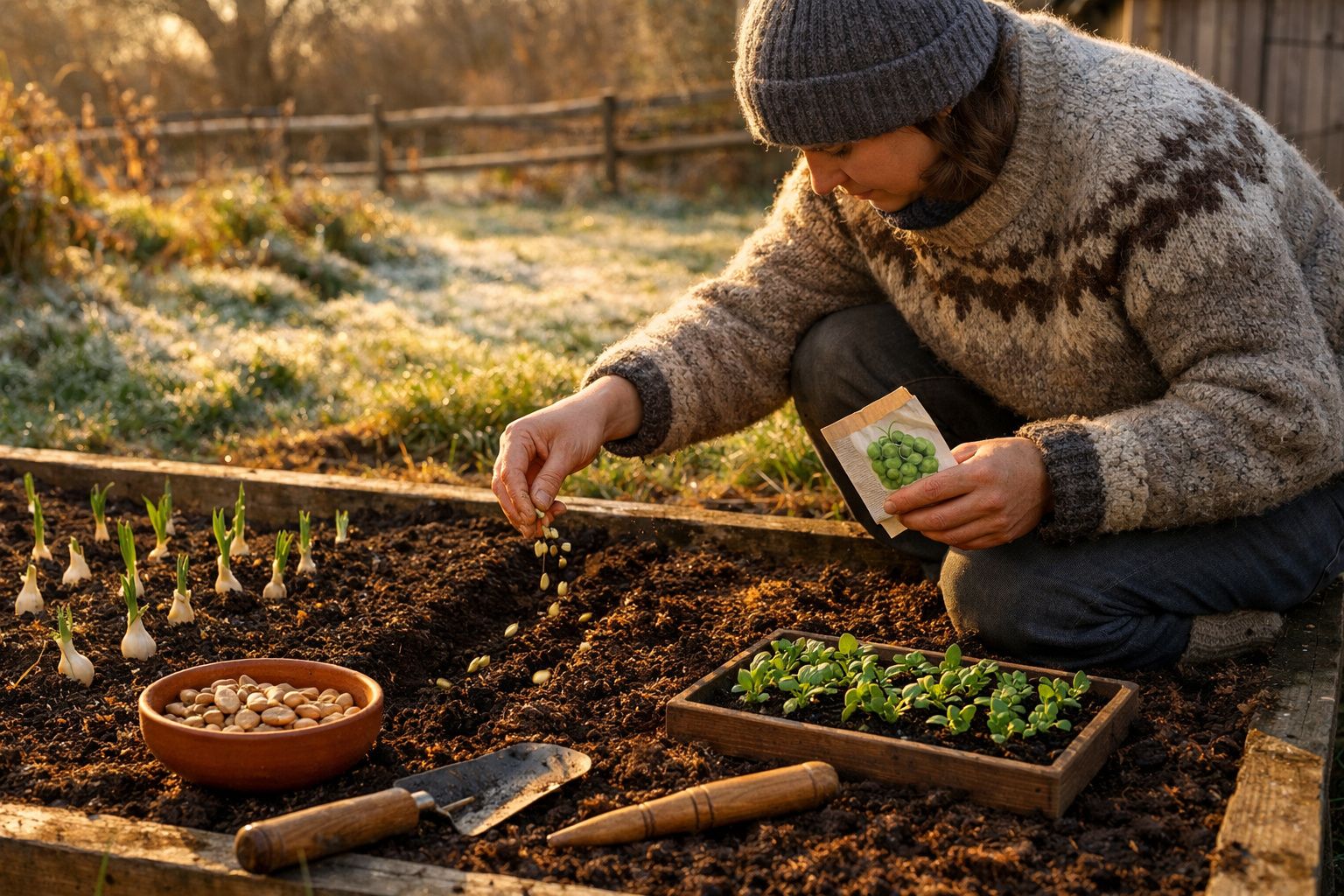 Pessoa a plantar sementes numa horta, usando camisola de malha e gorro, em ambiente rural pela manhã.
