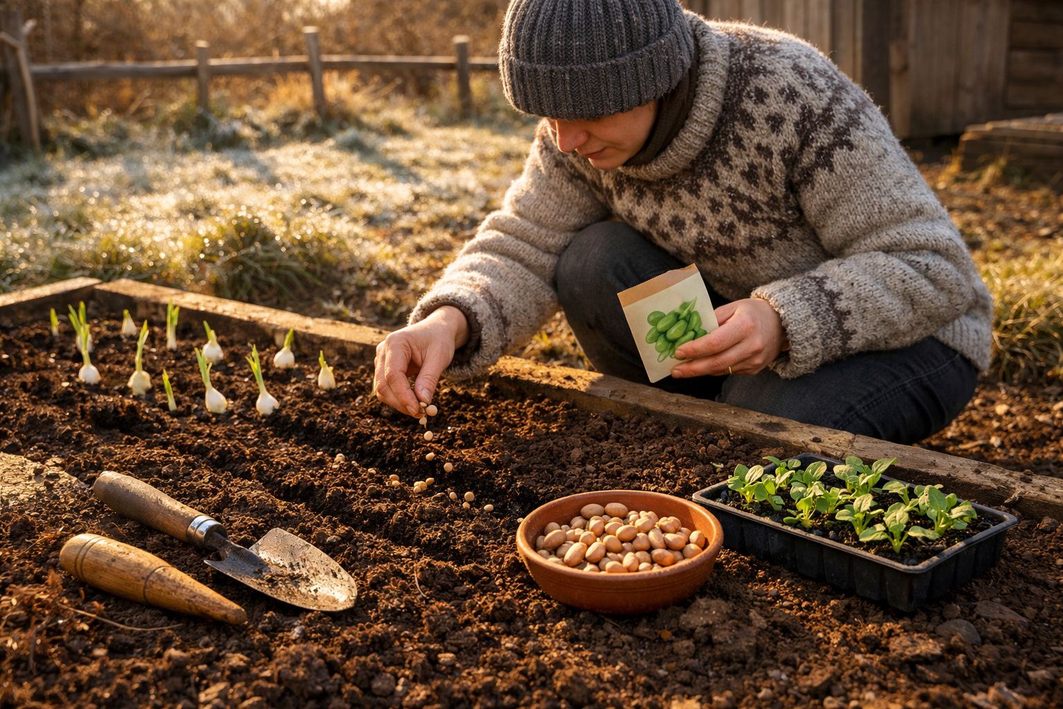 Pessoa a plantar sementes numa horta com ferramentas e muda de plantas ao lado, vestida com camisola e gorro.