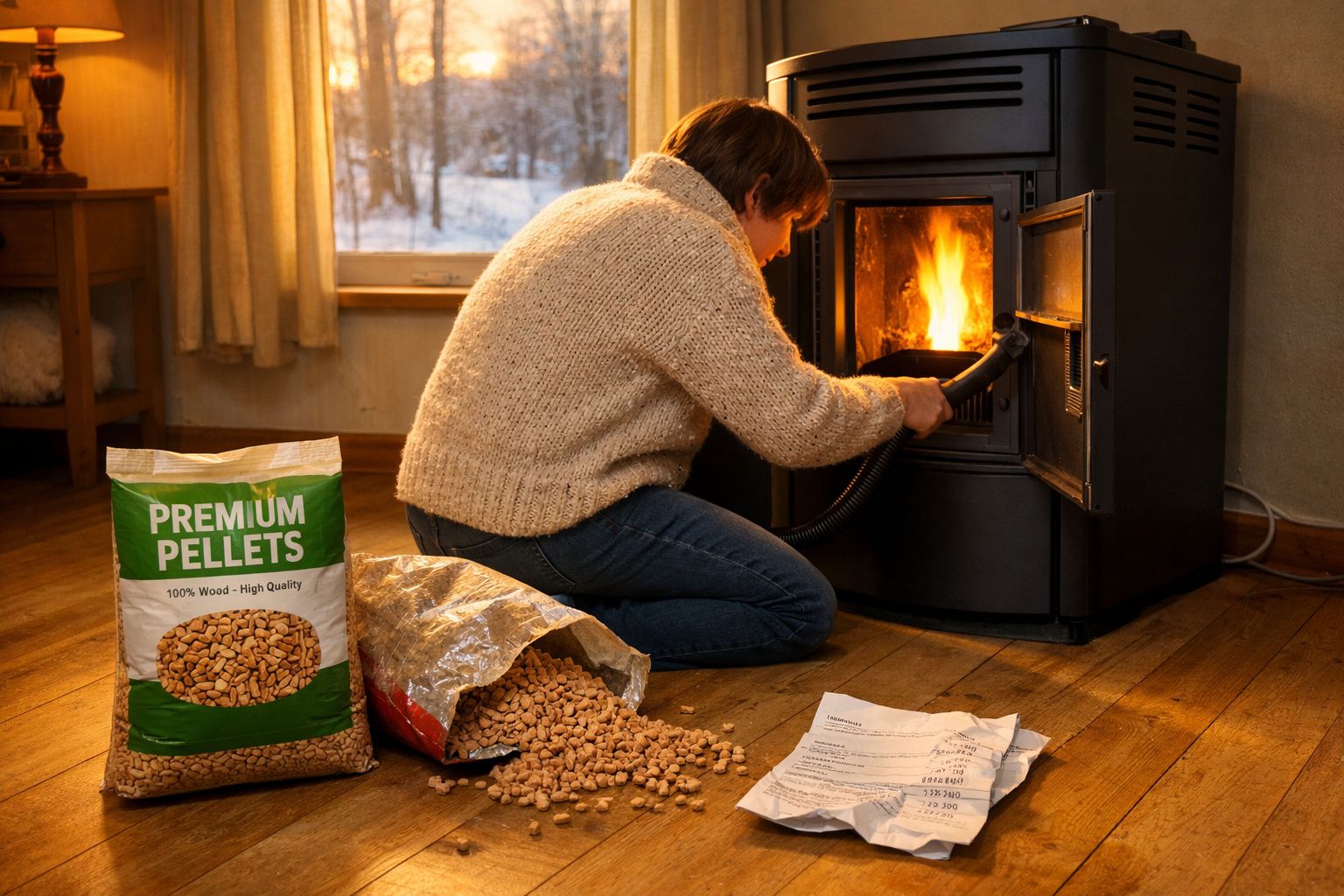 Pessoa a carregar pellets de madeira numa estufa de aquecimento num ambiente acolhedor e com neve do lado de fora.