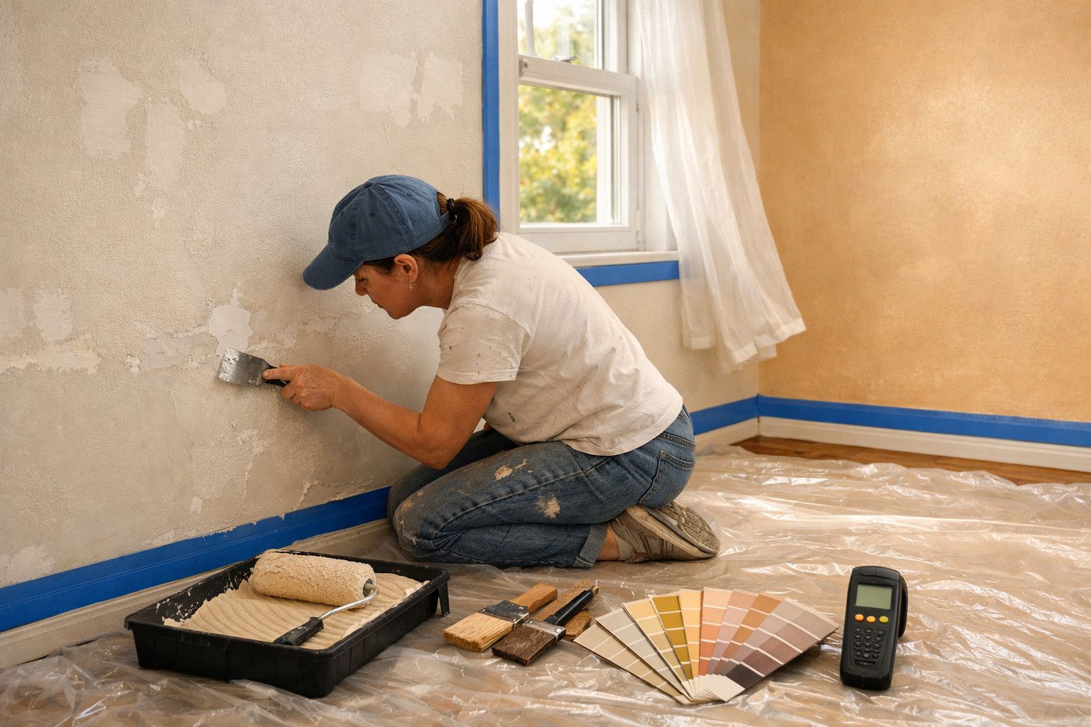 Mulher a aplicar massa para reparar a parede antes de pintar, rodeada de ferramentas e amostras de tinta.