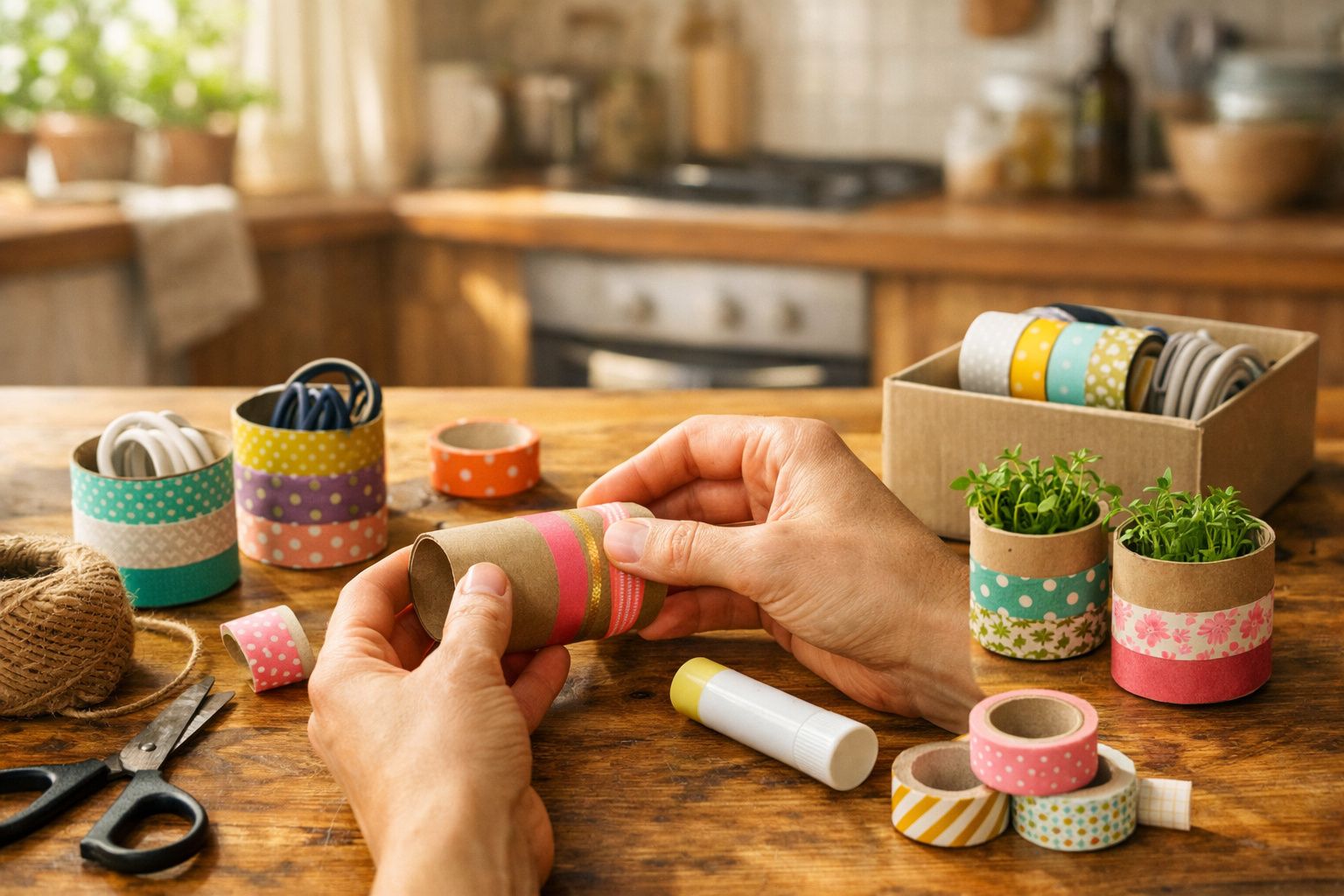Mãos a decorar rolos de cartão com fitas coloridas numa mesa de madeira com materiais de artesanato.