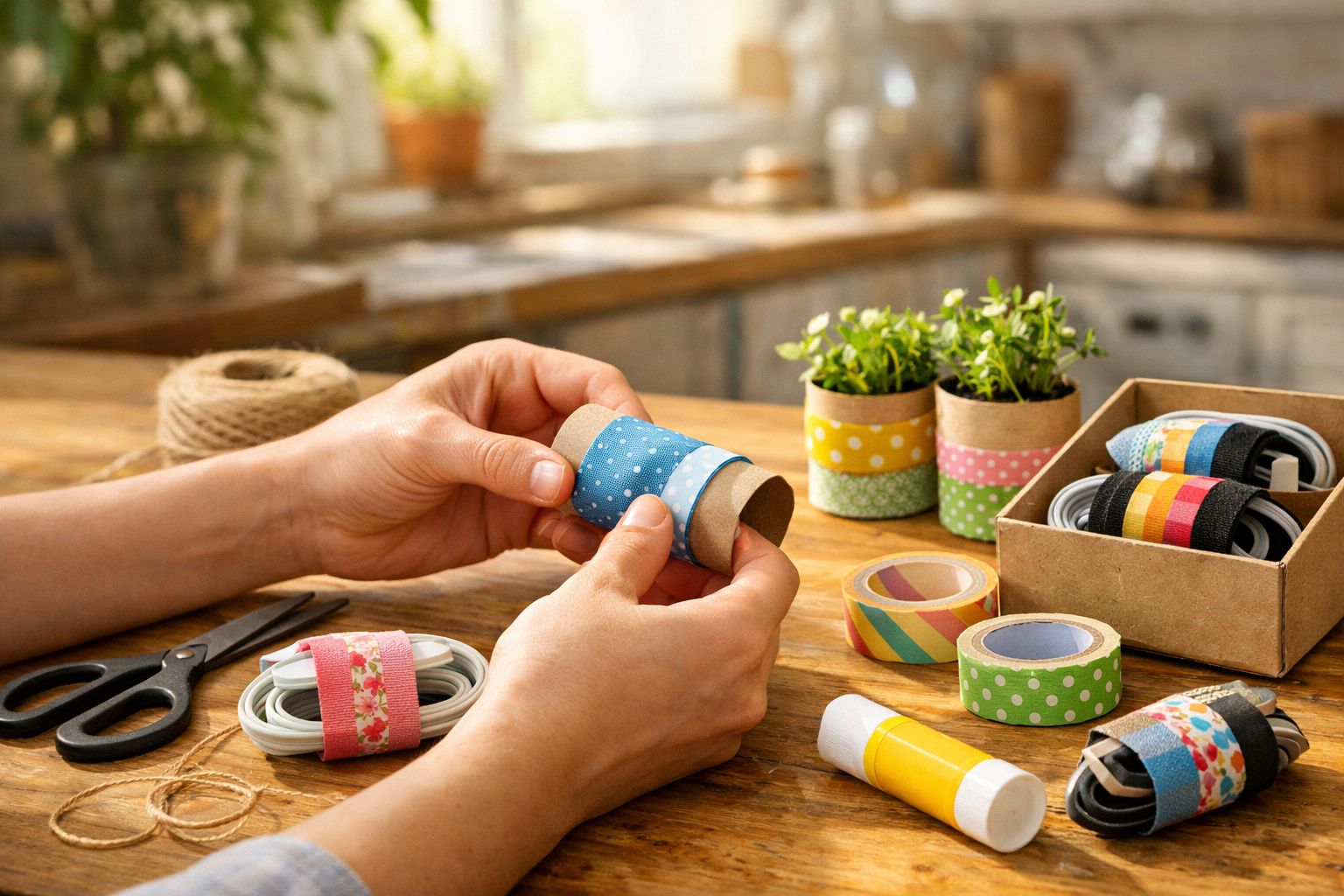 Mãos a decorar rolos de cartão com fitas coloridas, plantas e materiais de artesanato numa mesa de madeira.