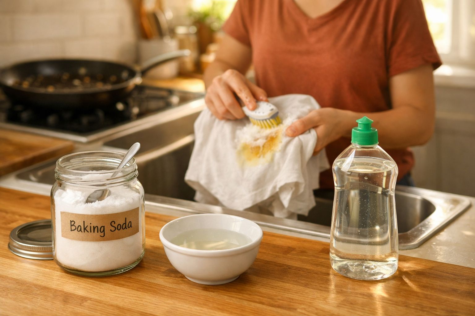 Pessoa a limpar um pano sujo com escova na cozinha, com bicarbonato e detergente à frente.