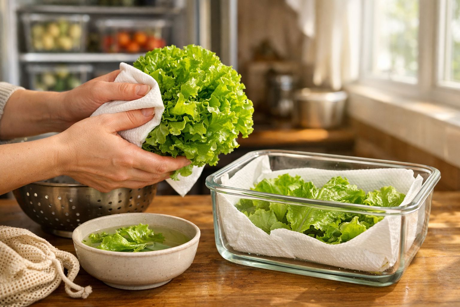 Pessoa a secar alface com papel de cozinha numa cozinha iluminada pelo sol.