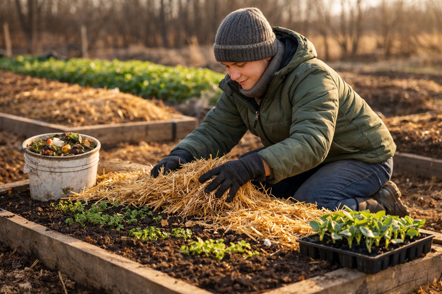 Pessoa a colocar palha em canteiro para proteger plantas durante atividade de jardinagem no Outono.