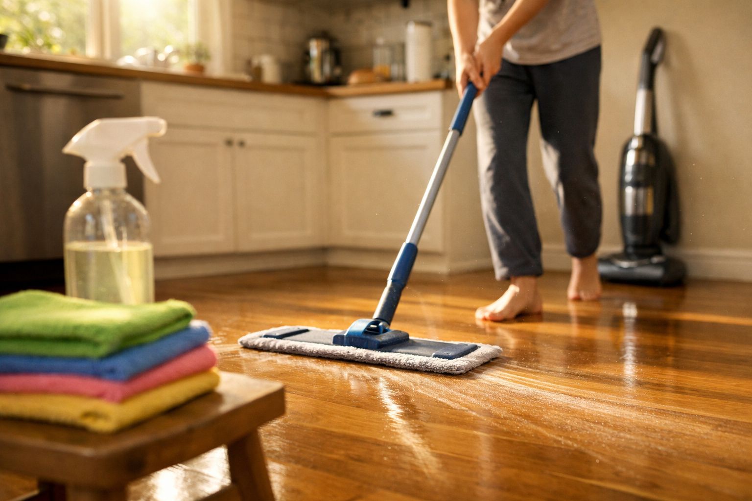 Pessoa a limpar chão de madeira da cozinha com esfregona e spray de limpeza ao lado.