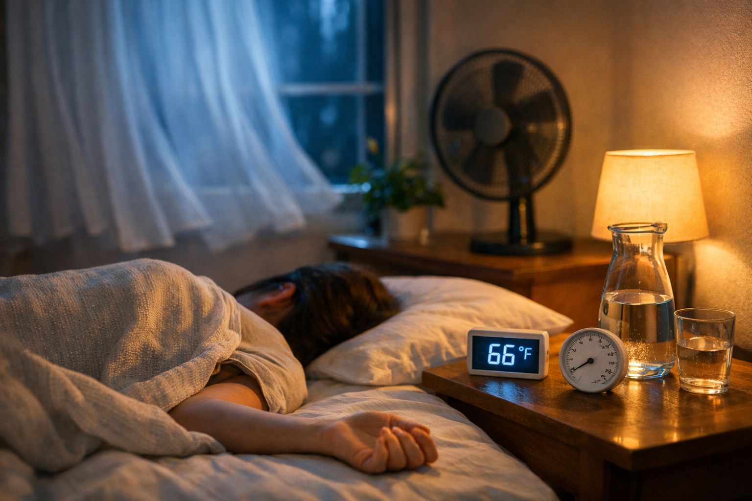Pessoa a dormir num quarto com temperatura de 66°F, ventilador, jarro e copo de água na mesa de cabeceira.