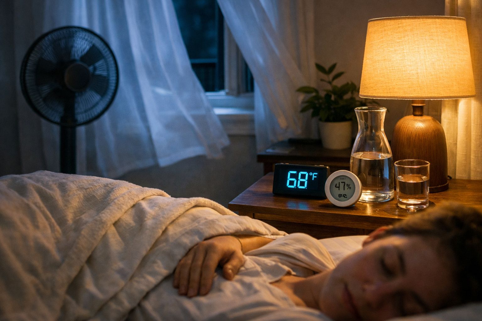 Pessoa a dormir numa cama, com mesa de cabeceira com lâmpada, copo, jarro, termómetro e higrómetro digitais.