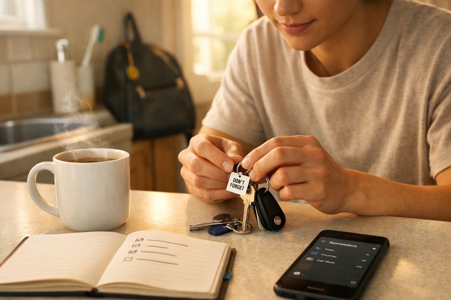 Pessoa a segurar um porta-chaves com etiqueta "Don't forget" junto a chávena de café, caderno e telemóvel com lista de tarefa