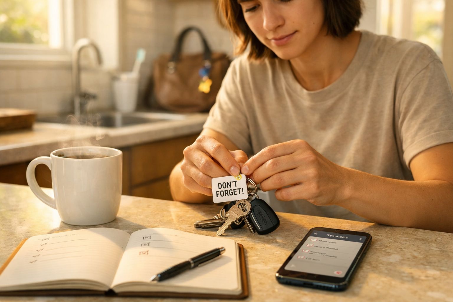 Pessoa segura chaveiro com mensagem "Don't Forget" junto a mesa com agenda, telemóvel e chá fumegante.