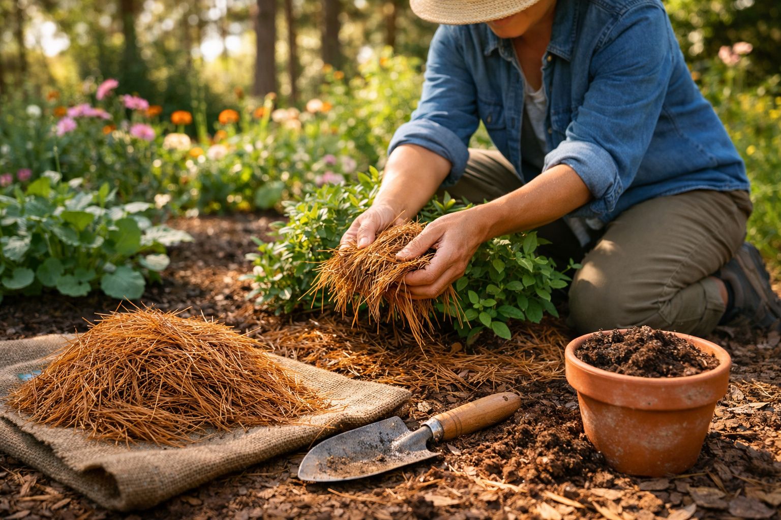 Pessoa a colocar palha sobre a terra num jardim com plantas e flores ao fundo.