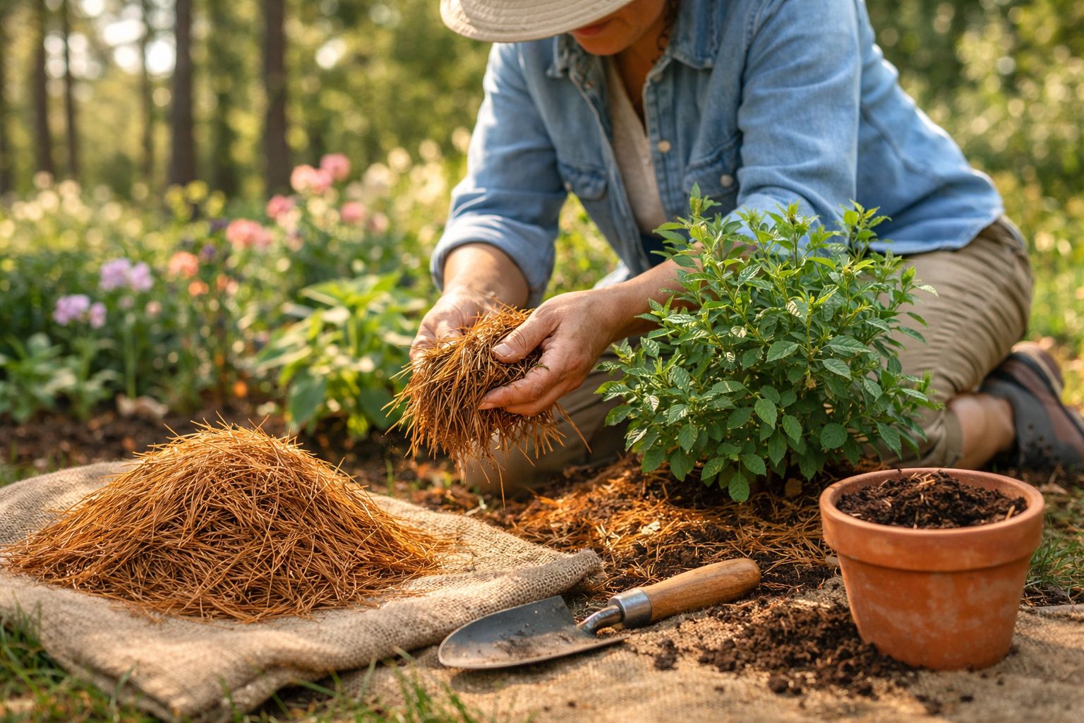 Pessoa a colocar palha seca como cobertura em redor de uma planta num jardim ao ar livre.