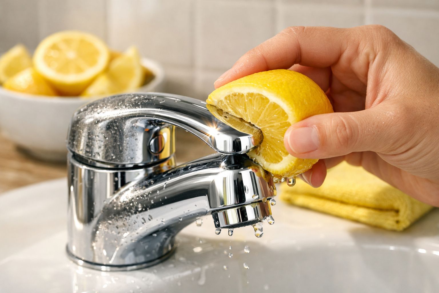 Mão a espremer meio limão sobre uma torneira com gotas de água na cozinha.