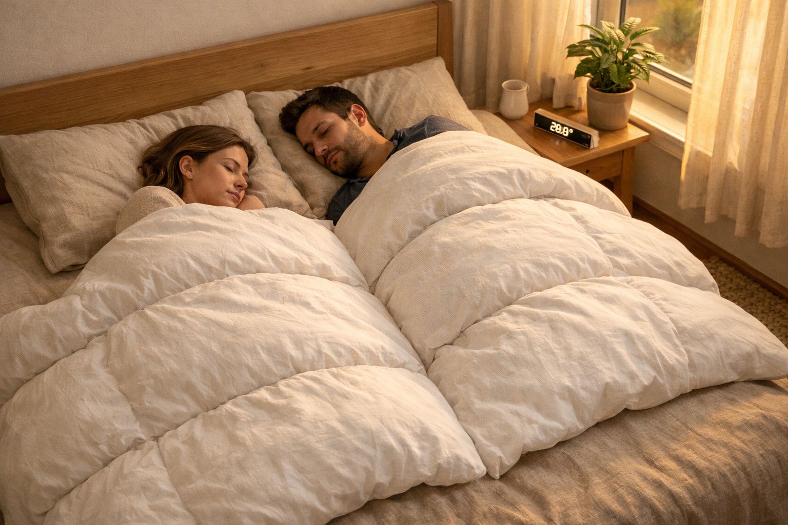 Casal a dormir de lado em cama com edredão branco, luz suave de janela e relógio digital na mesa de cabeceira.