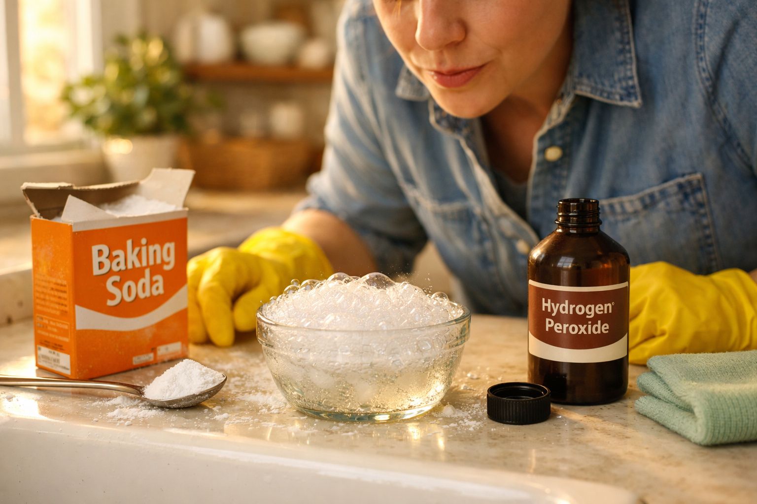 Pessoa com luvas amarelas observa mistura efervescente em taça com bicarbonato e peróxido de hidrogénio numa bancada.