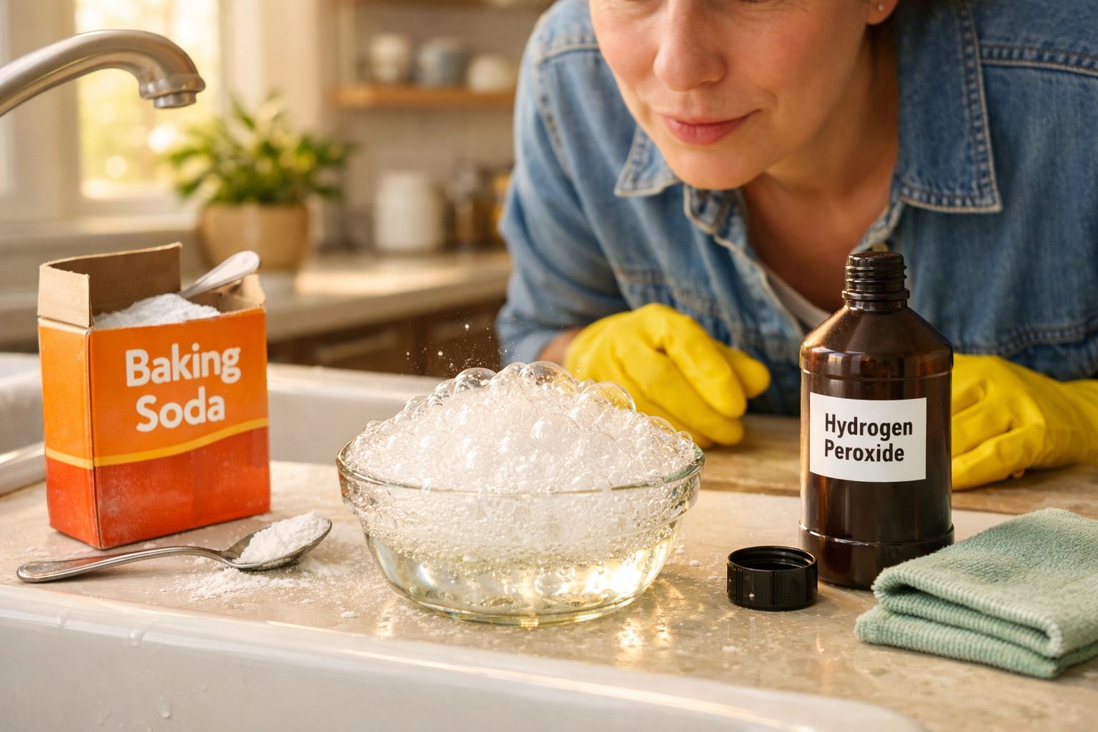 Mulher com luvas amarelas observa bolhas numa taça entre bicarbonato de sódio e peróxido de hidrogénio na cozinha.