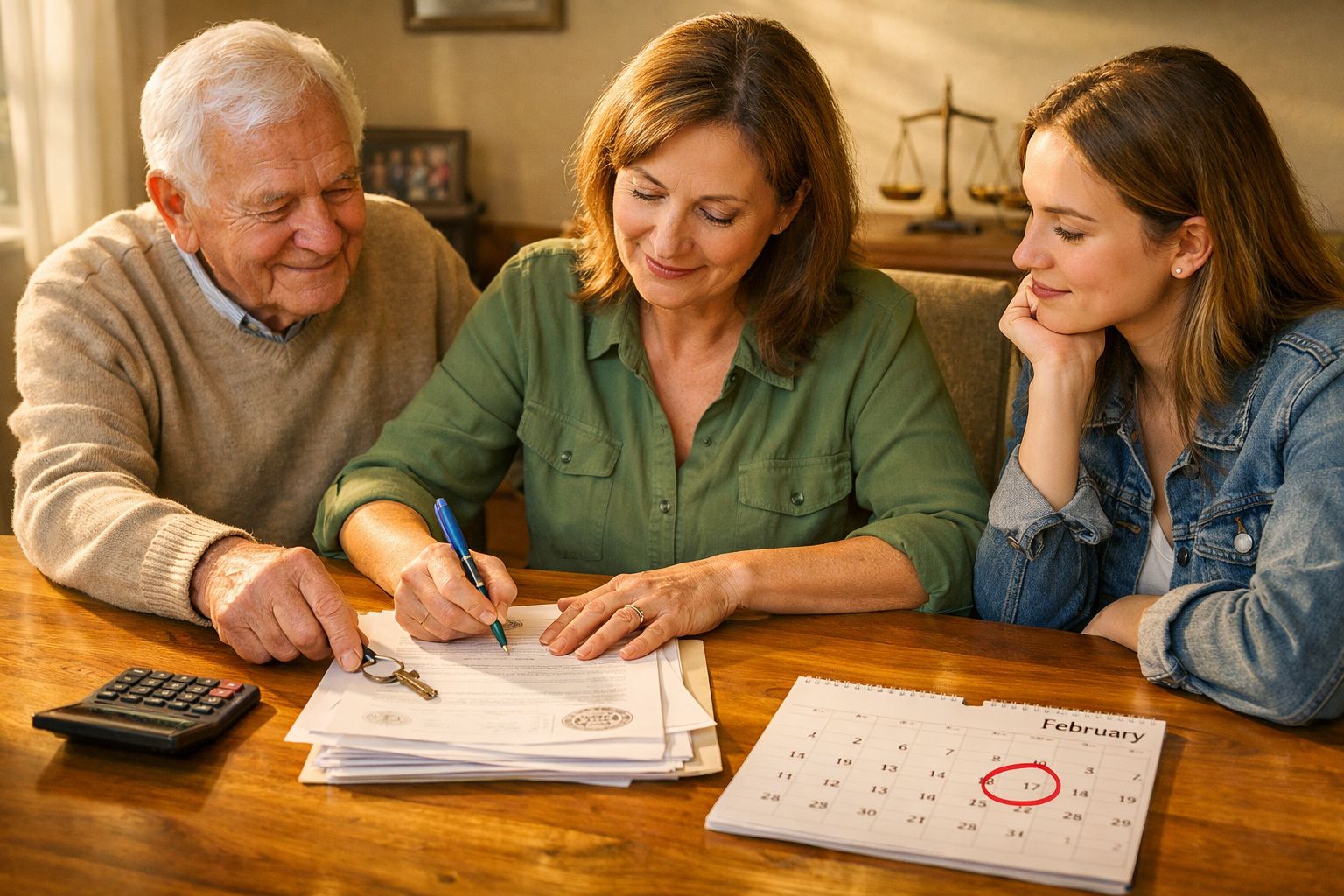 Três pessoas a assinar documentos numa mesa com chave, calculadora e calendário assinalado.