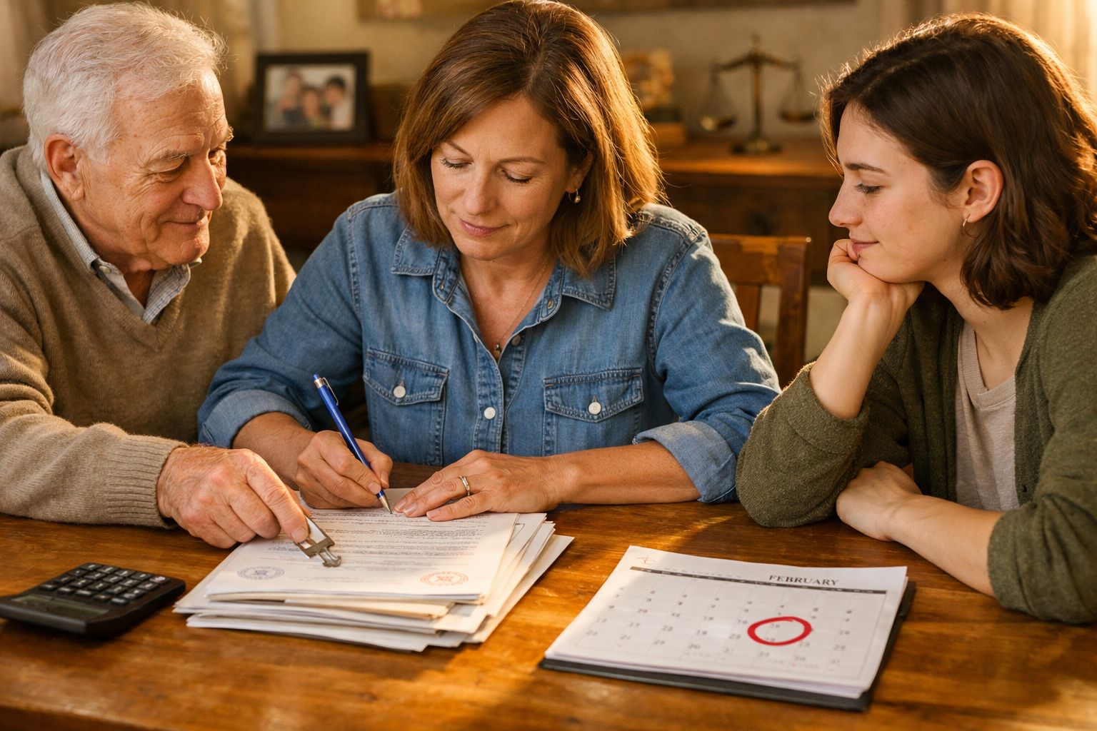Três pessoas sentadas à mesa a assinar documentos, com uma calculadora e calendário visível.