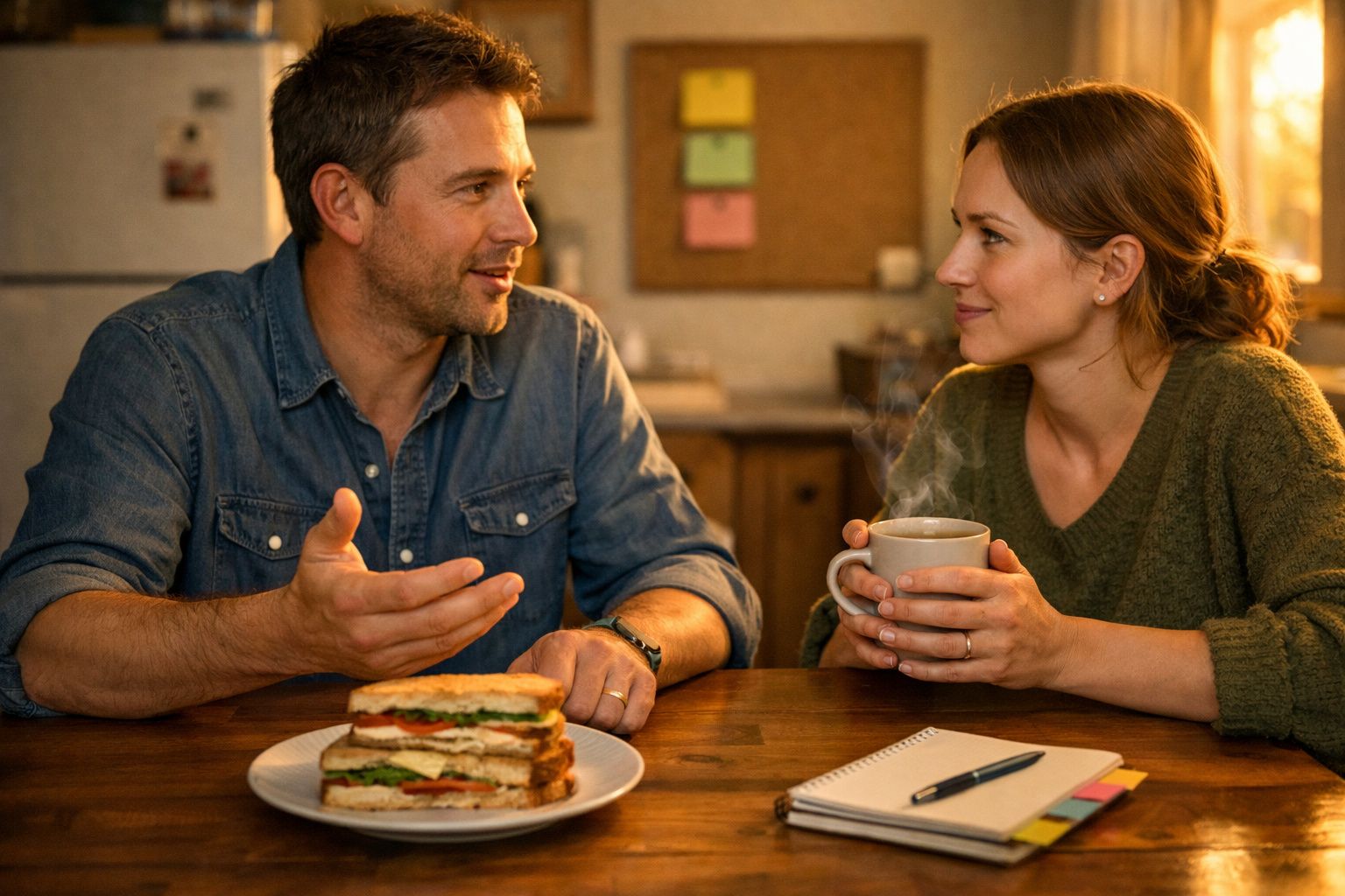 Homem e mulher conversam à mesa, com sanduíche e chá quente, num ambiente acolhedor e calmo.