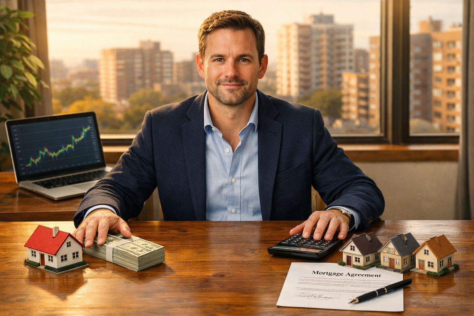 Homem em escritório com moeda, miniaturas de casas, calculadora e contrato de hipoteca na mesa.