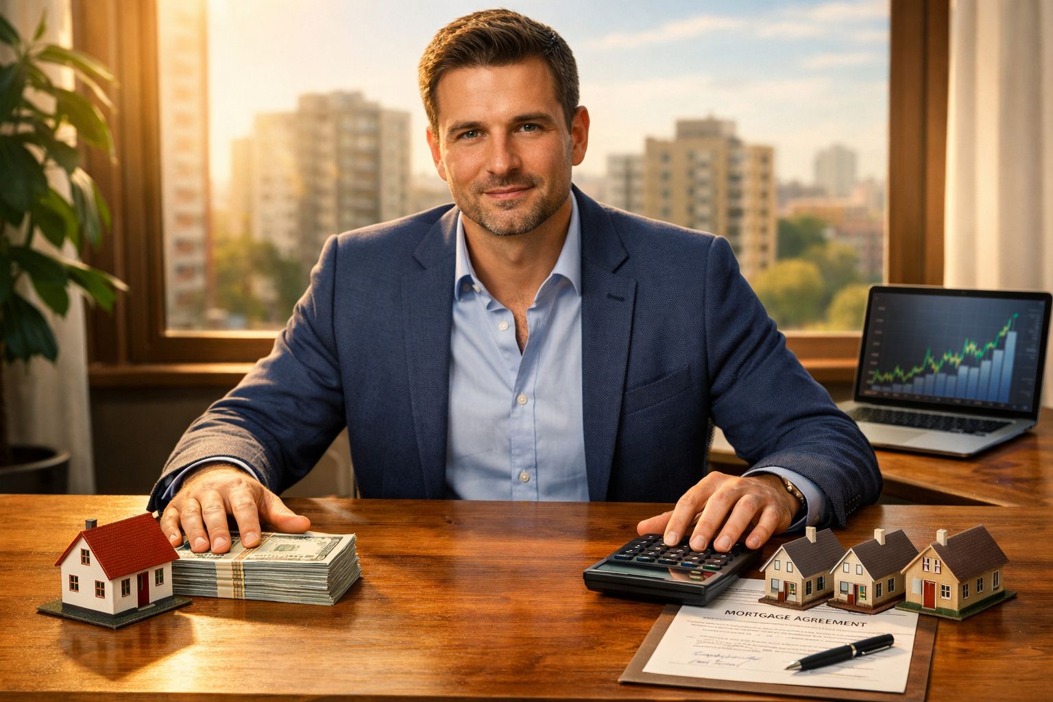 Homem de negócios sentado à mesa com miniaturas de casas, dinheiro, calculadora e gráfico financeiro no computador.