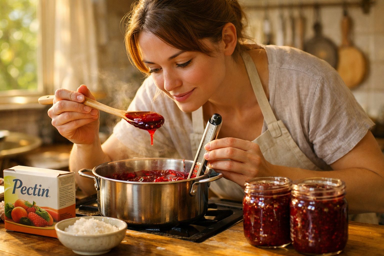 Mulher a fazer compota caseira, medindo a temperatura e mexendo o preparado numa panela de inox.