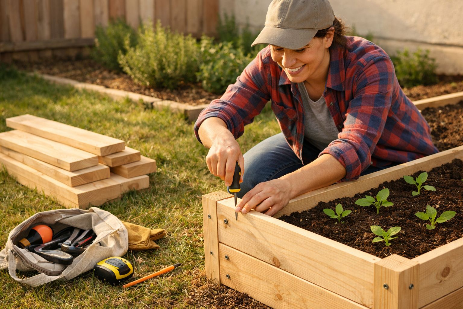 Pessoa a montar uma caixa de madeira para plantar, com ferramentas ao lado e plantas em crescimento no interior.