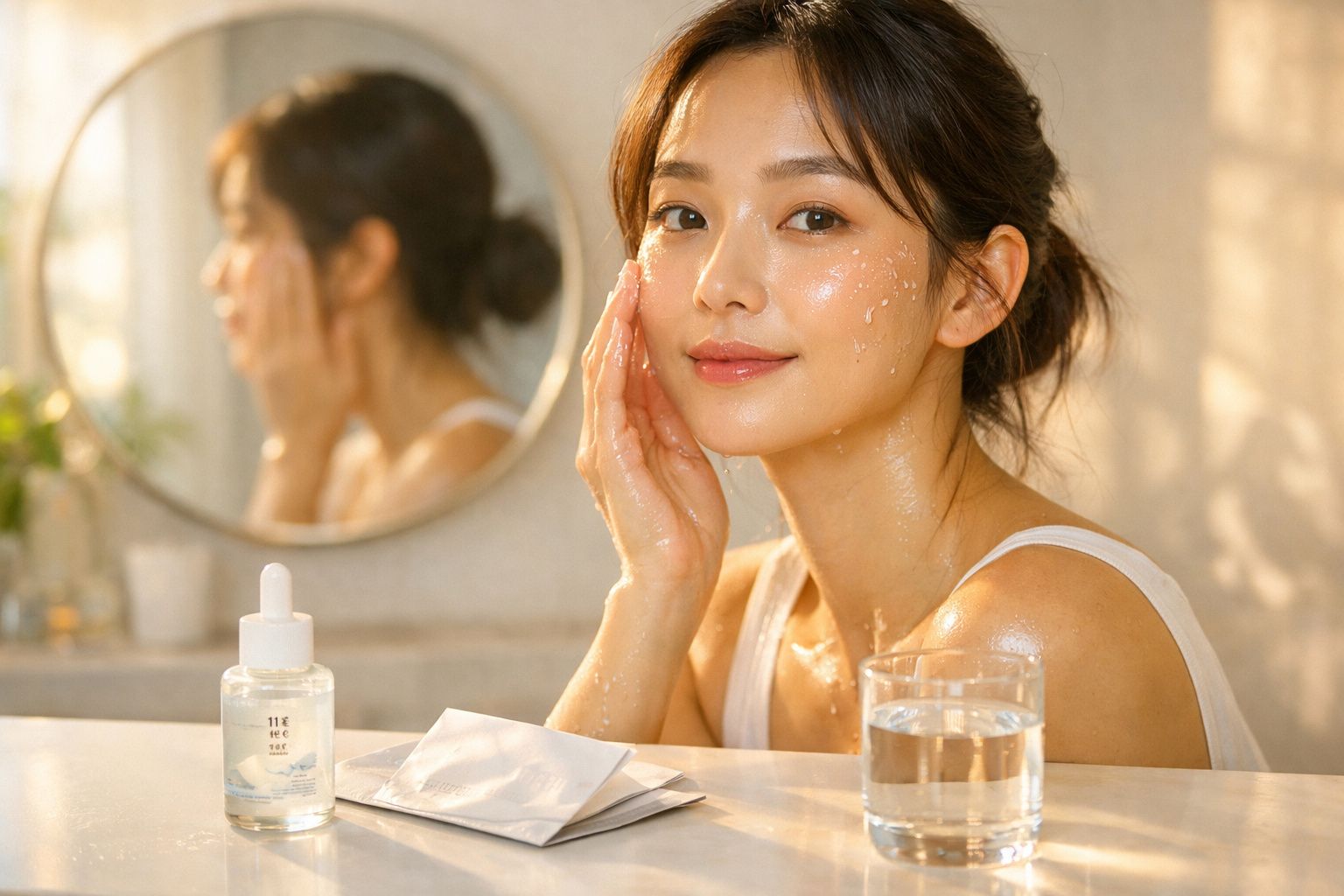 Mulher aplica produto de cuidados da pele junto a espelho, com frasco, sachês e copo de água à frente.