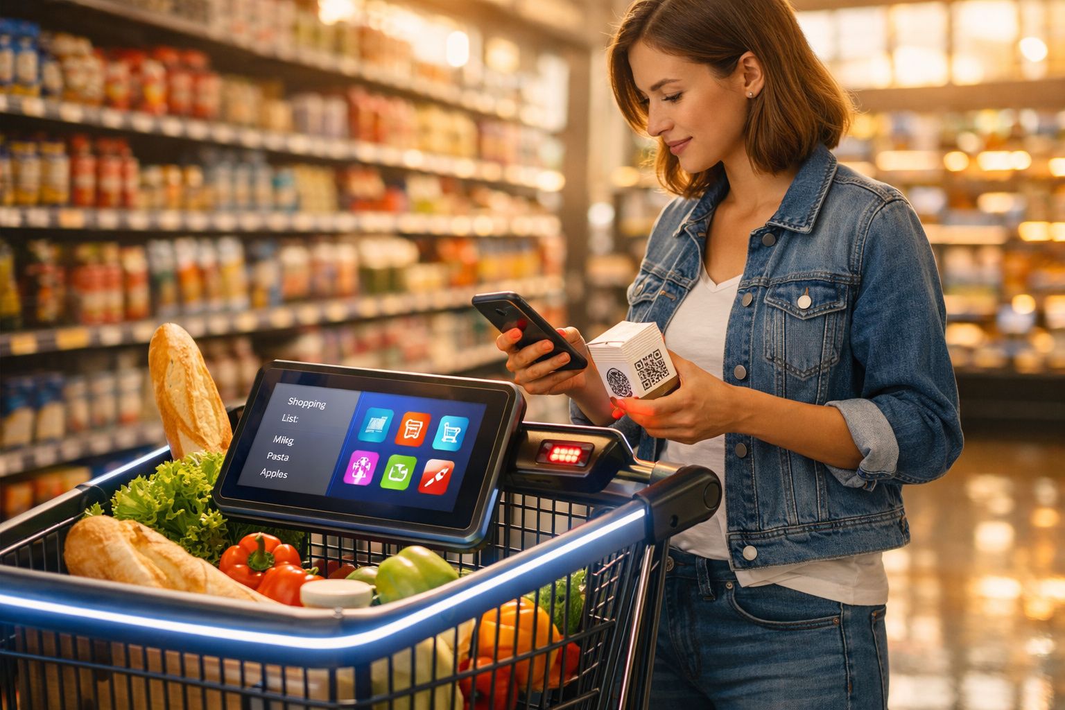Mulher num supermercado a usar telemóvel para escanear código QR de produto enquanto faz compras.
