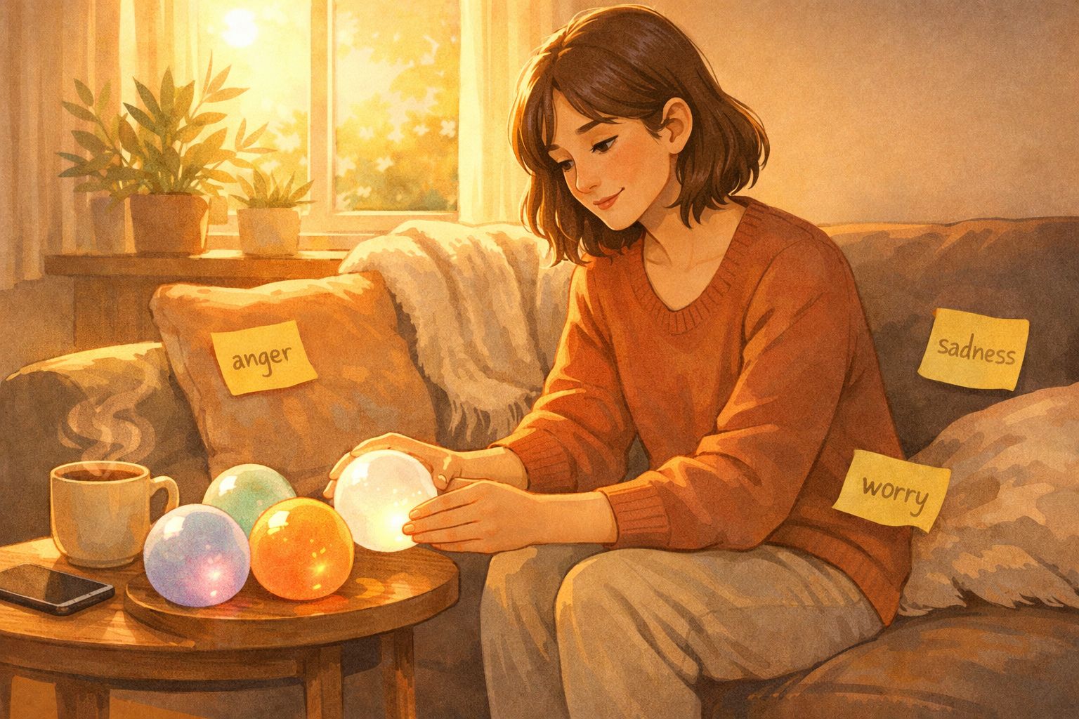 Mulher contemplativa segura esfera luminosa sentada num sofá com notas sobre emoções ao redor.