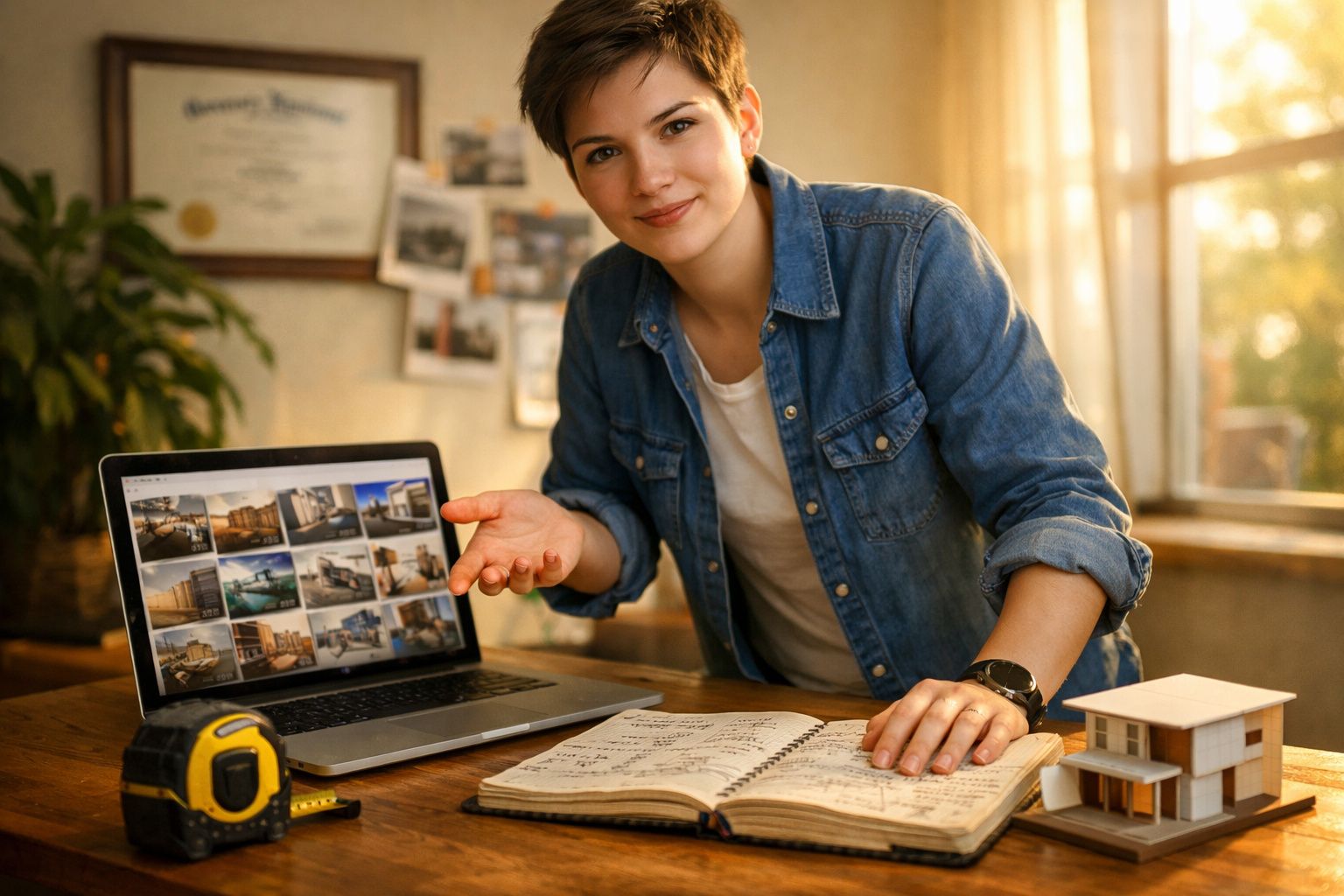 Pessoa jovem apresenta projetos de arquitetura num portátil, com maquete e caderno sobre a mesa.