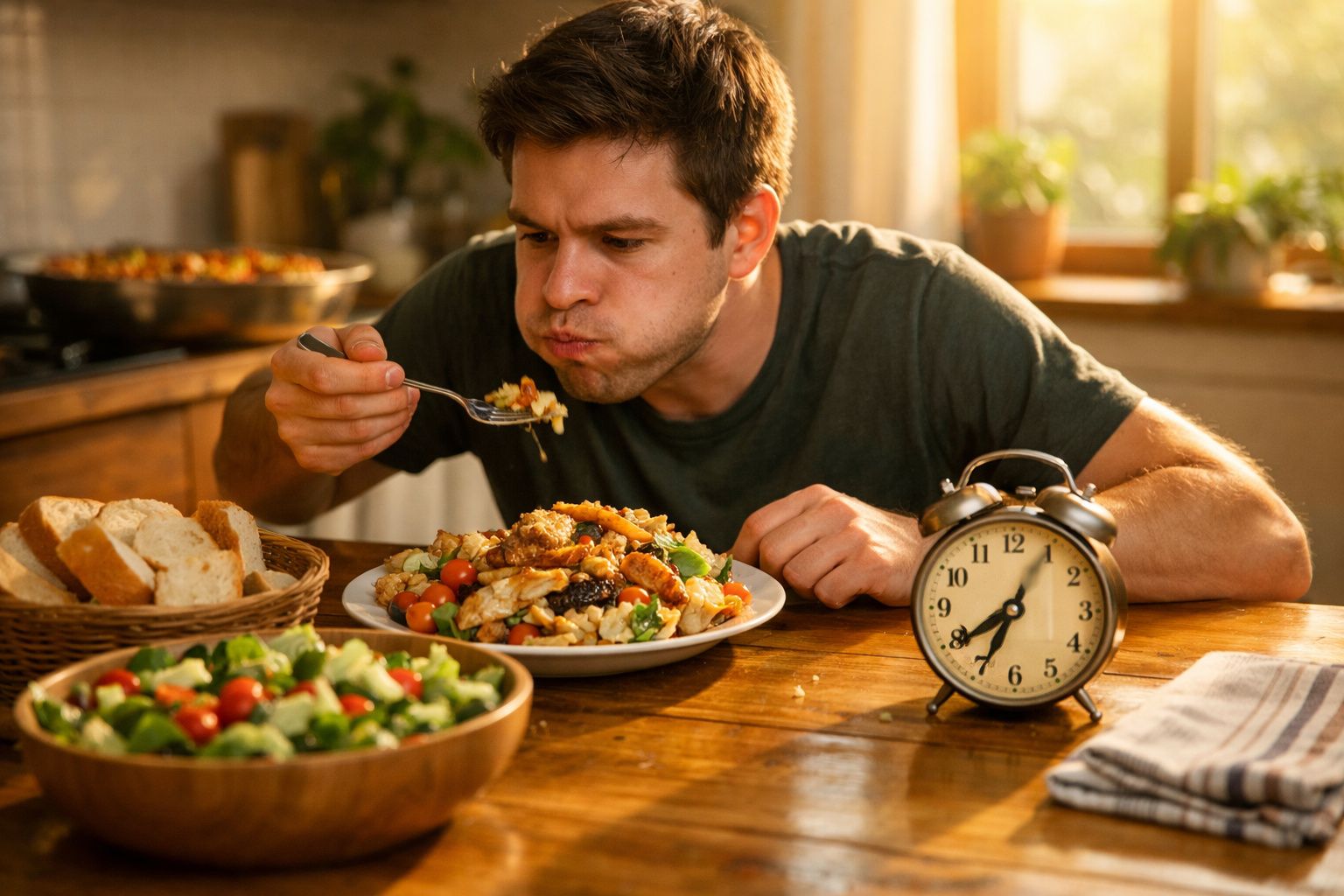 Homem a comer apressadamente uma refeição à mesa com relógio antigo a mostrar 8:45.