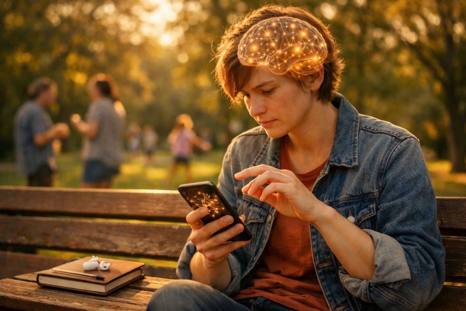 Pessoa sentada num banco no parque, focada no telemóvel com ilustração digital do cérebro iluminado.