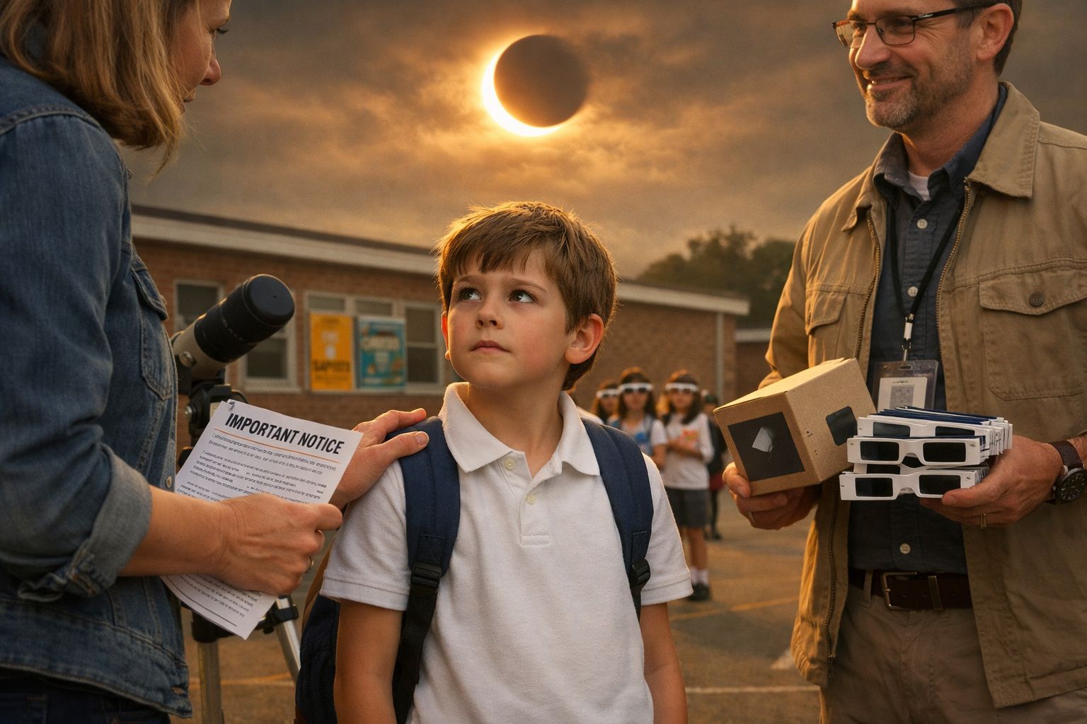 Criança observa eclipse solar com adultos num ambiente escolar, segurando material de observação astronómica.