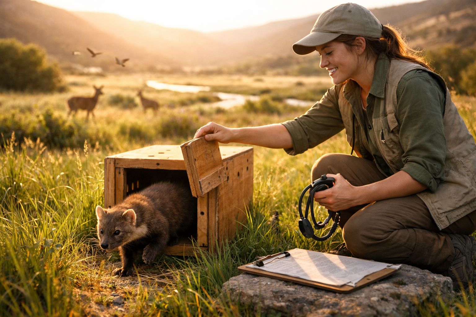 Mulher liberta pequeno animal selvagem de caixa numa paisagem natural ao pôr do sol.