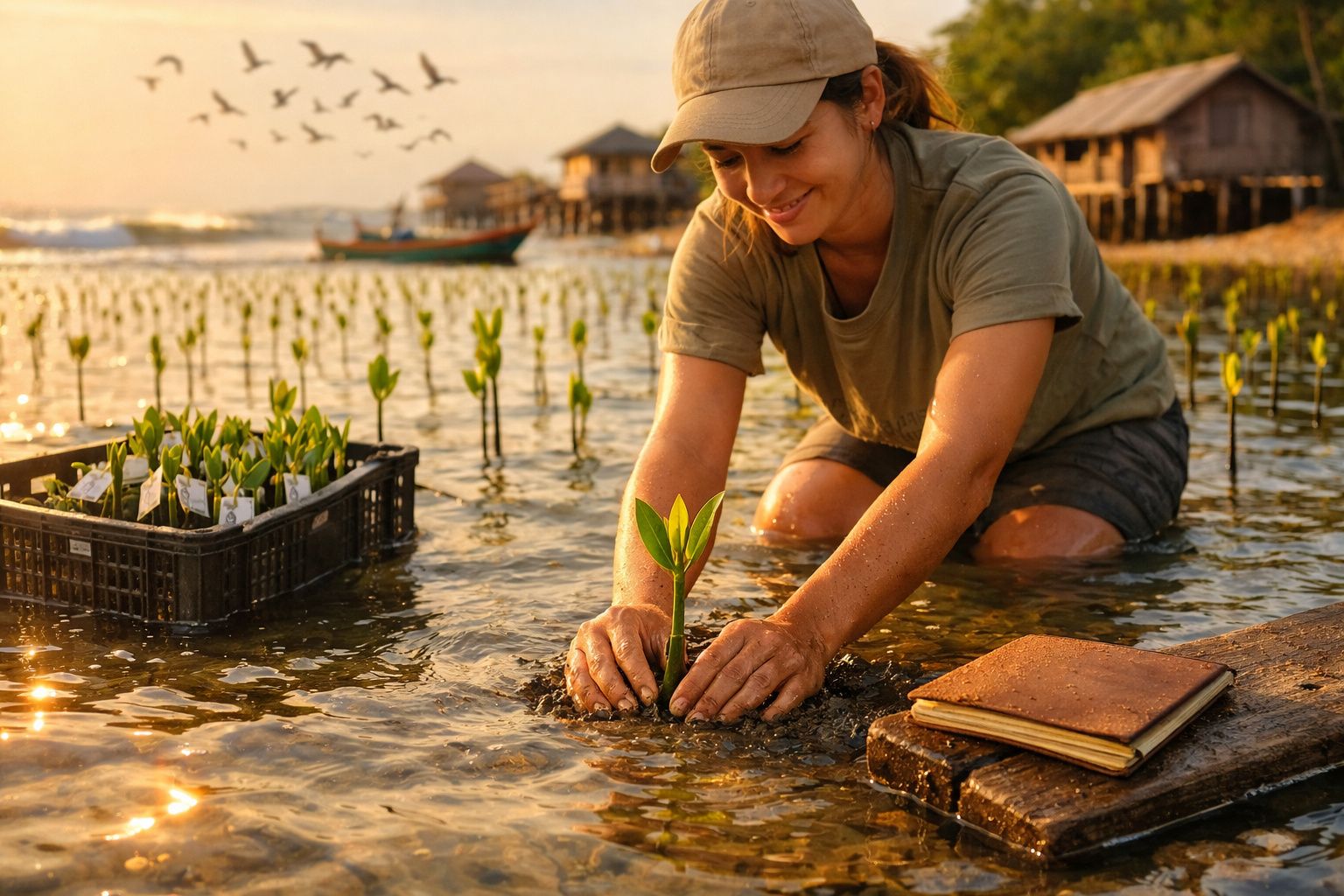 Mulher a plantar uma muda na água ao pôr do sol, com caixa de plantas e caderno ao lado.