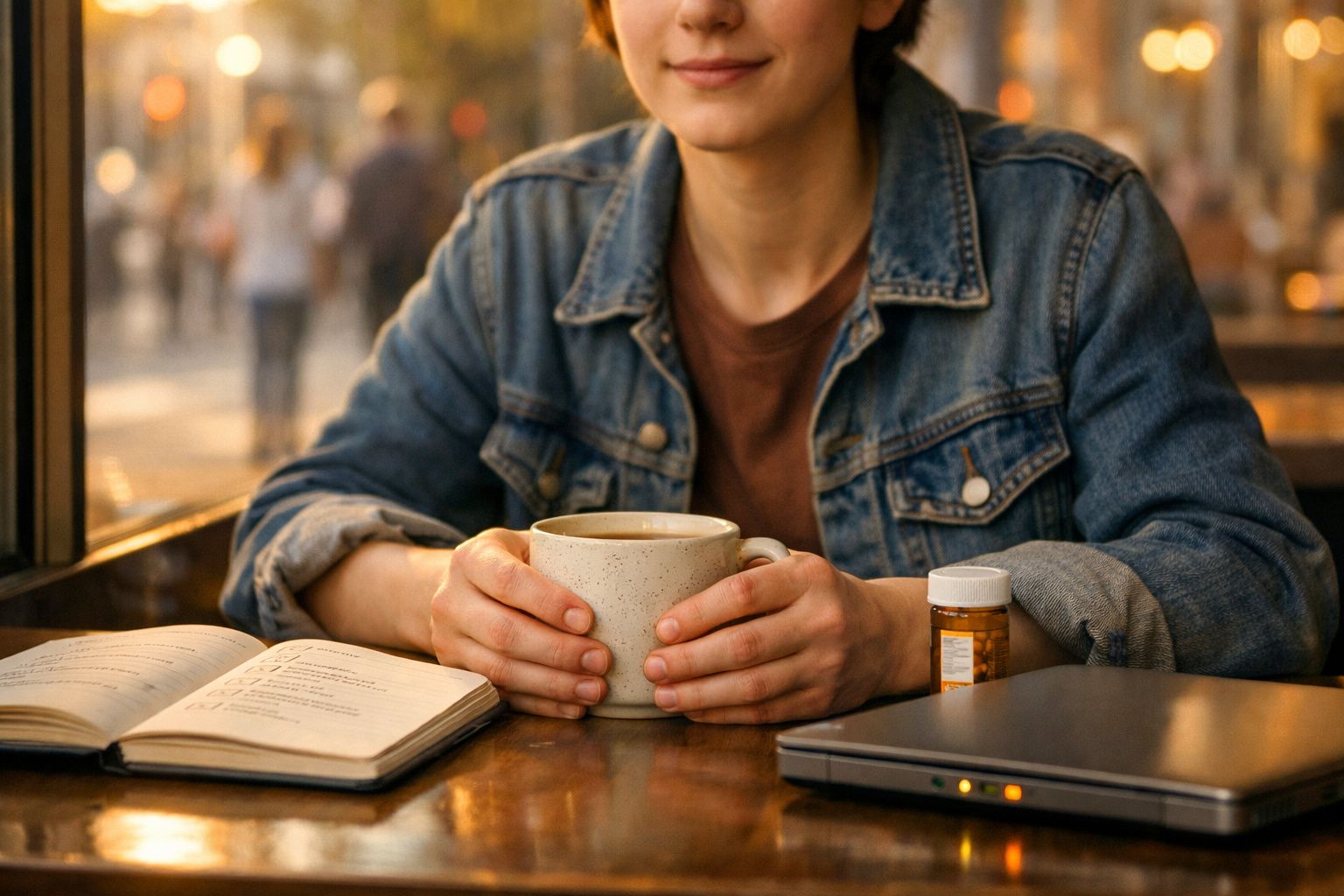 Pessoa vestida com casaco de ganga a segurar uma chávena de café numa mesa com caderno, comprimidos e portátil.
