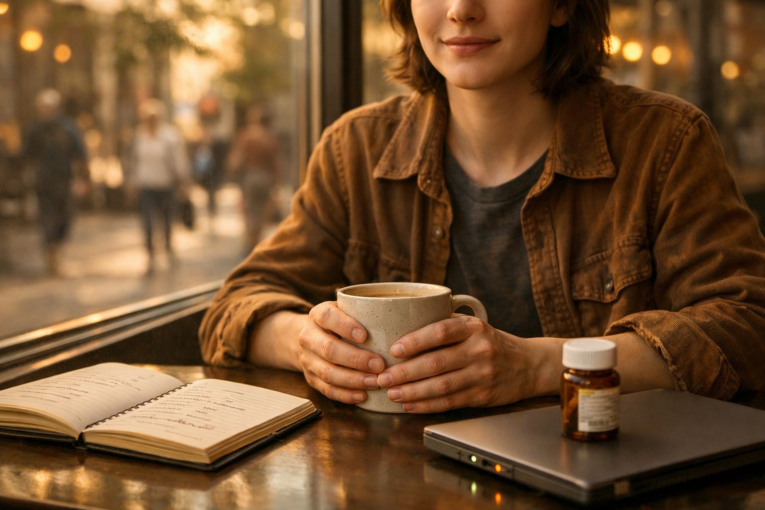 Pessoa sentada numa mesa de café com uma caneca nas mãos, um caderno aberto e frasco de comprimidos.