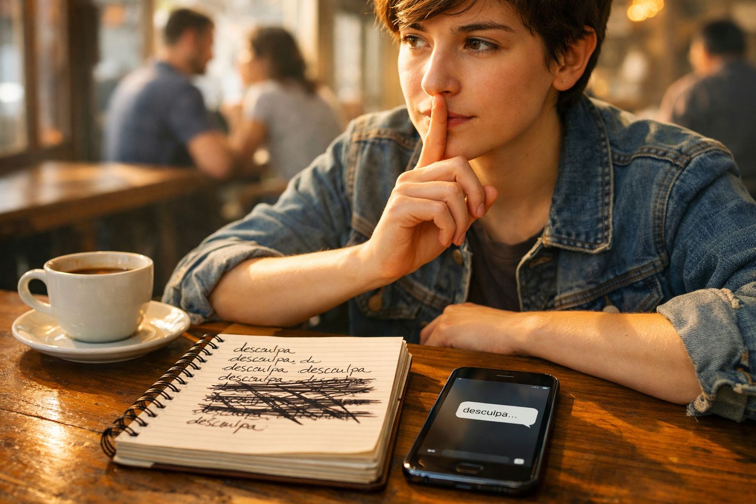 Pessoa jovem com gesto de silêncio enquanto está sentada numa mesa com caderno, telefone e chá.