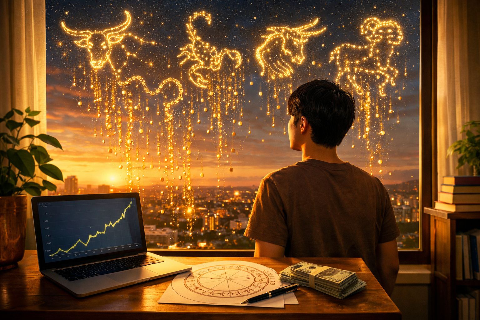 Pessoa sentada olhando para sinais do zodíaco luminosos na janela ao pôr do sol, com gráfico, dinheiro e mapa astral.