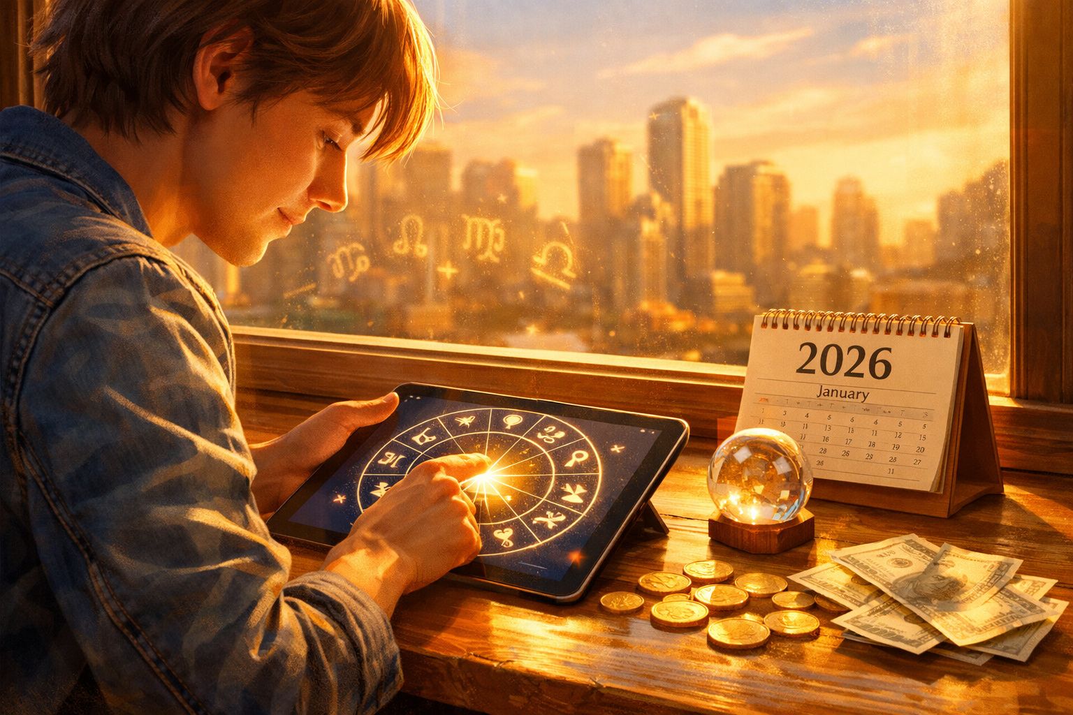 Pessoa a interagir com signos astrológicos num tablet, com calendário de janeiro de 2026 e notas em moedas na mesa.
