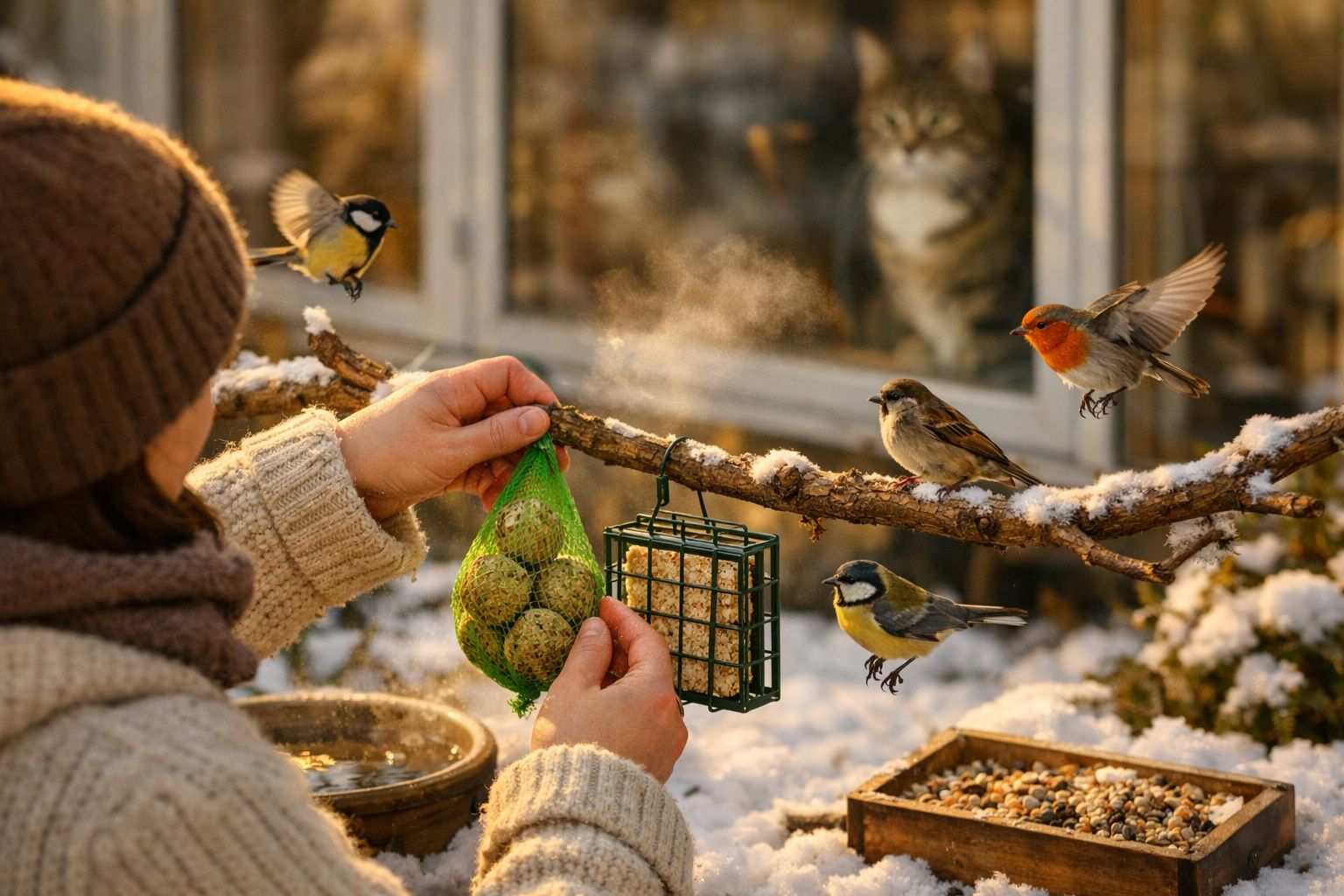 Pessoa a alimentar pássaros com bolas de gordura numa árvore com neve e gato a observar pela janela.