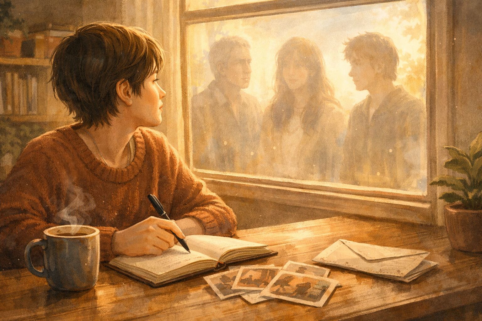 Pessoa jovem escreve num diário junto a uma janela, onde aparecem figuras translúcidas de três pessoas.
